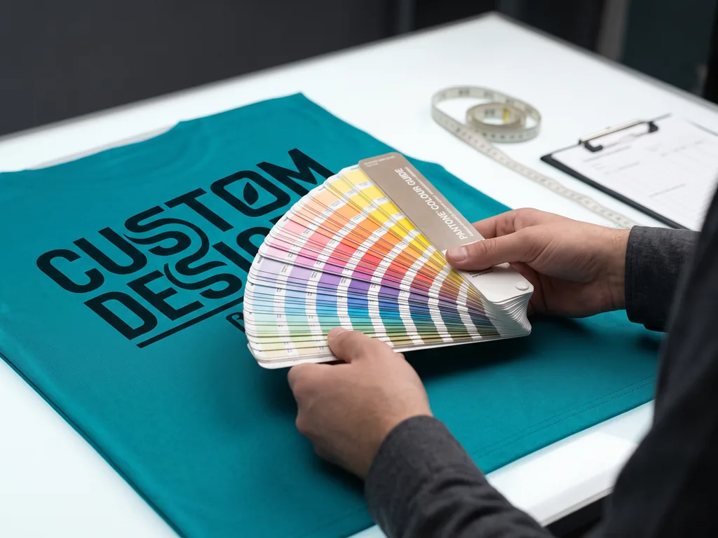 Printed polyester panel checked against a Pantone colour card during sublimation quality inspection
