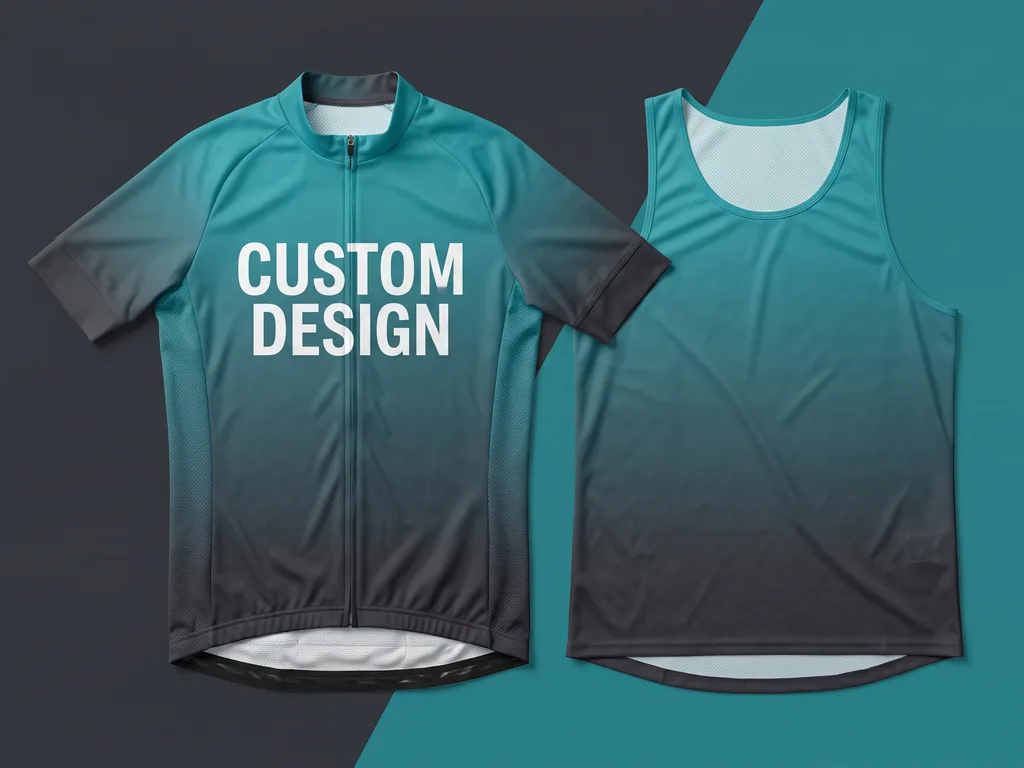 Sublimated cycling jersey and running singlet laid flat with a bold CUSTOM DESIGN graphic