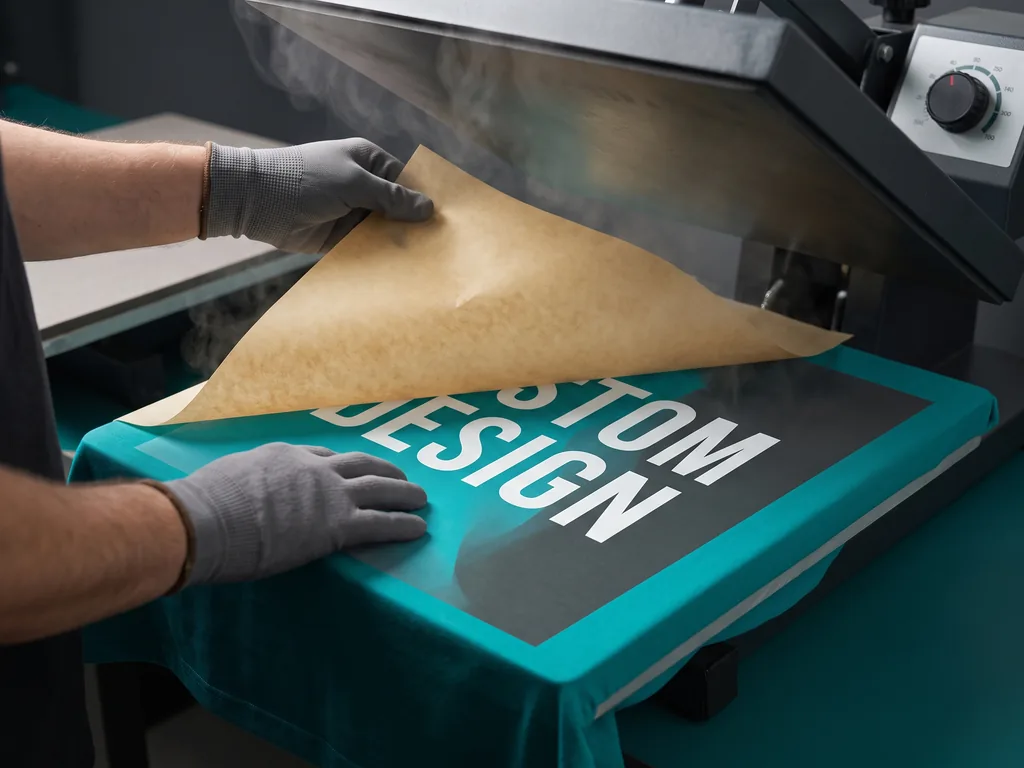 Transfer paper lifting off a freshly pressed polyester panel during dye sublimation printing services