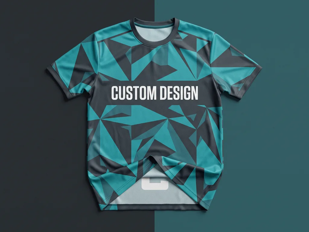Custom sublimated soccer jersey in teal and charcoal with a bold CUSTOM DESIGN chest print