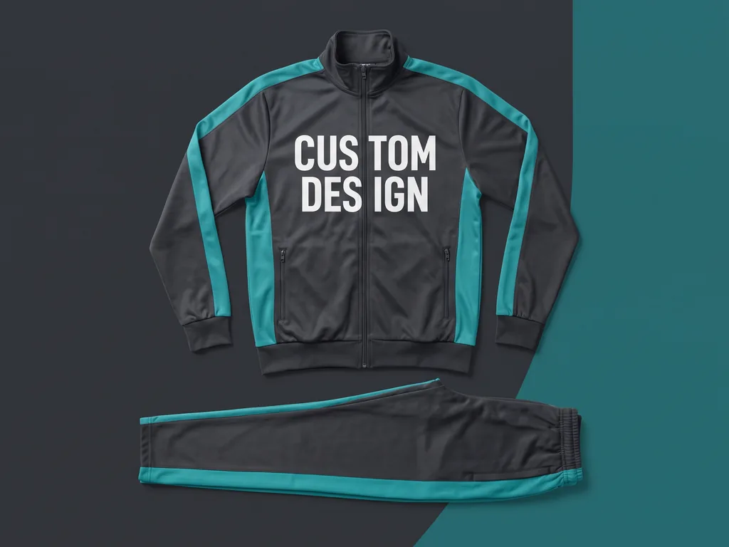 Sublimated poly tracksuit jacket and pants with a full-length CUSTOM DESIGN side panel