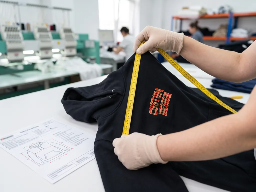Inspector measuring CUSTOM DESIGN embroidery placement on a finished hoodie against the spec sheet