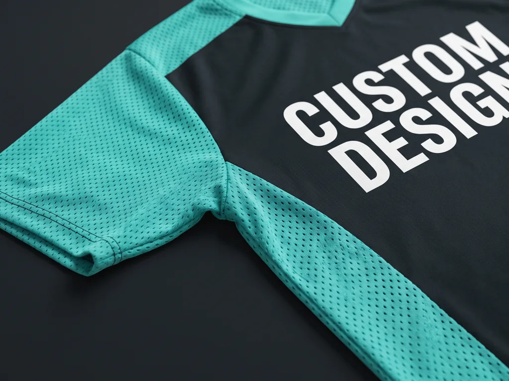 Breathable mesh esports uniform with bird-eye side panels and a bold CUSTOM DESIGN print, folded flat