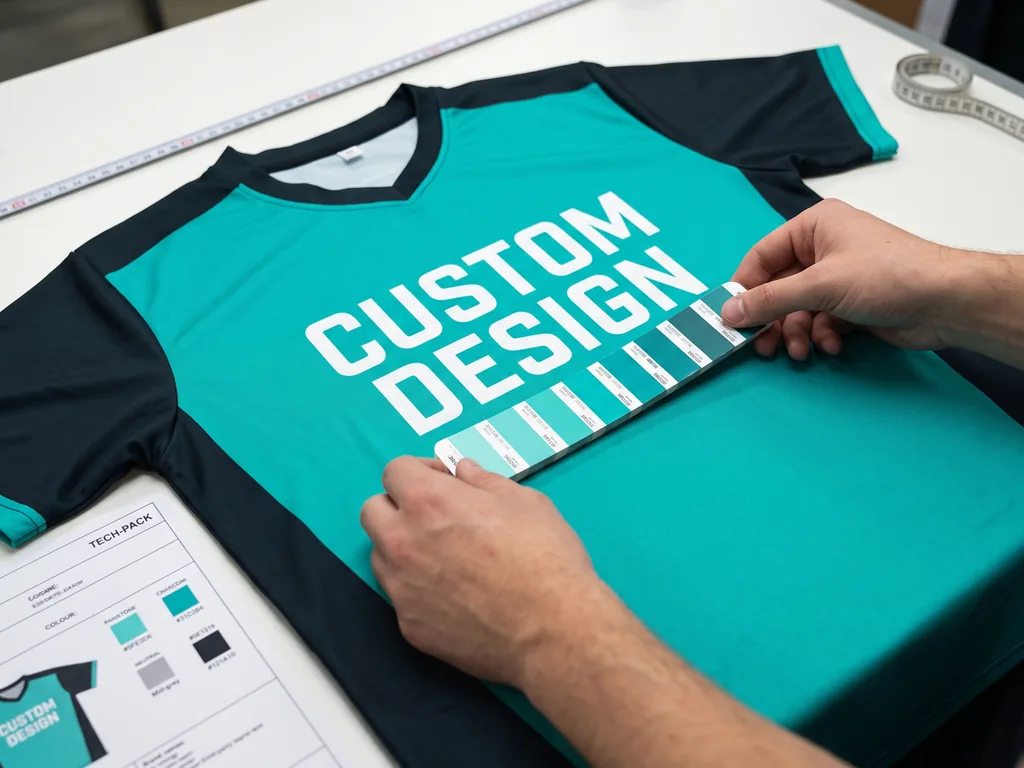 Hands checking a finished esports jersey against a Pantone swatch and tech pack during inspection