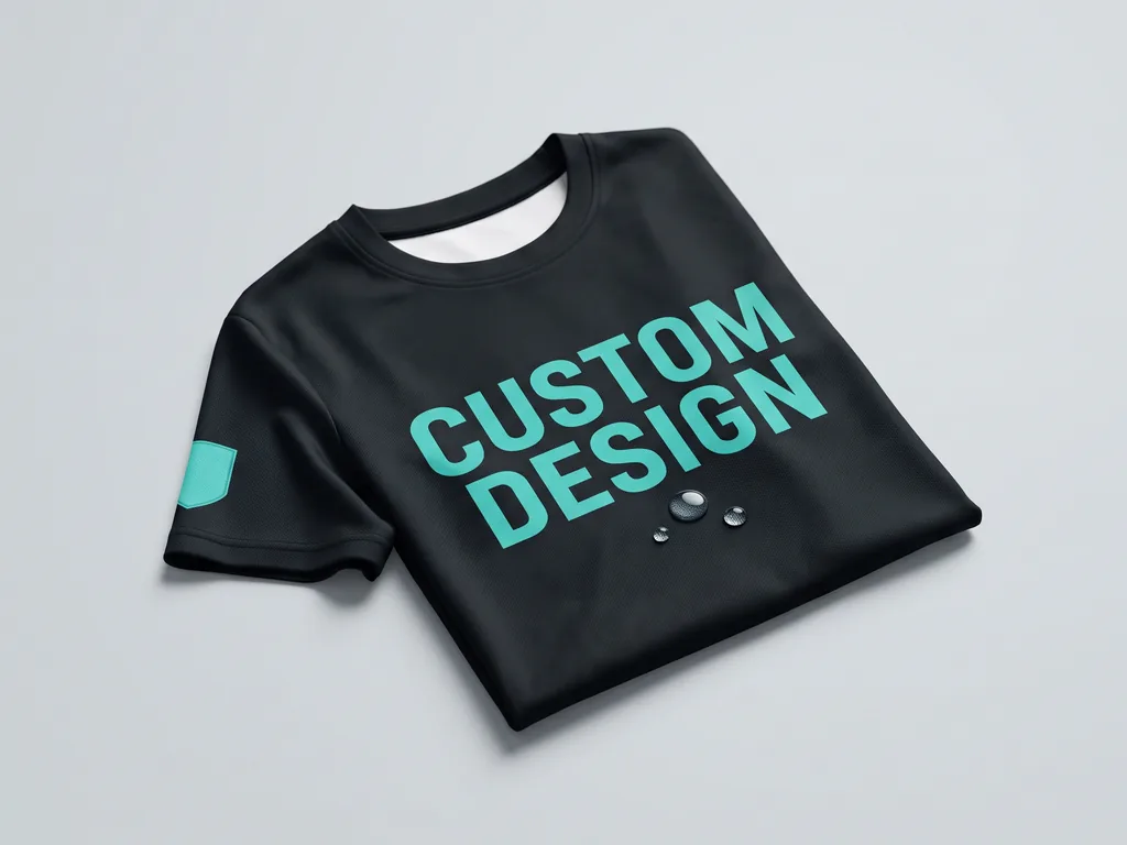 Dry-fit esports shirt with logo and a bold CUSTOM DESIGN chest graphic on moisture-wicking polyester
