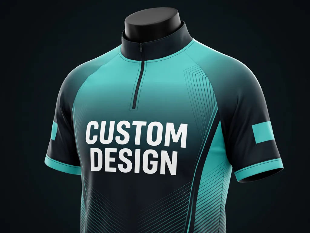Custom sublimated gaming jersey in teal and charcoal with a bold CUSTOM DESIGN chest print, made by an esports jersey manufacturer