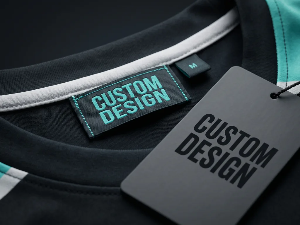 Woven neck label, sponsor patch and swing tag on a custom esports jersey showing CUSTOM DESIGN branding
