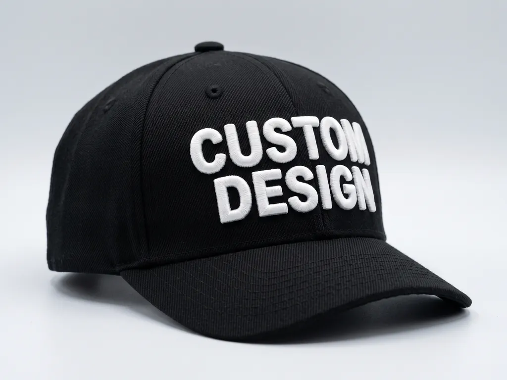 3D puff embroidery with raised CUSTOM DESIGN lettering on the front panel of a black structured cap