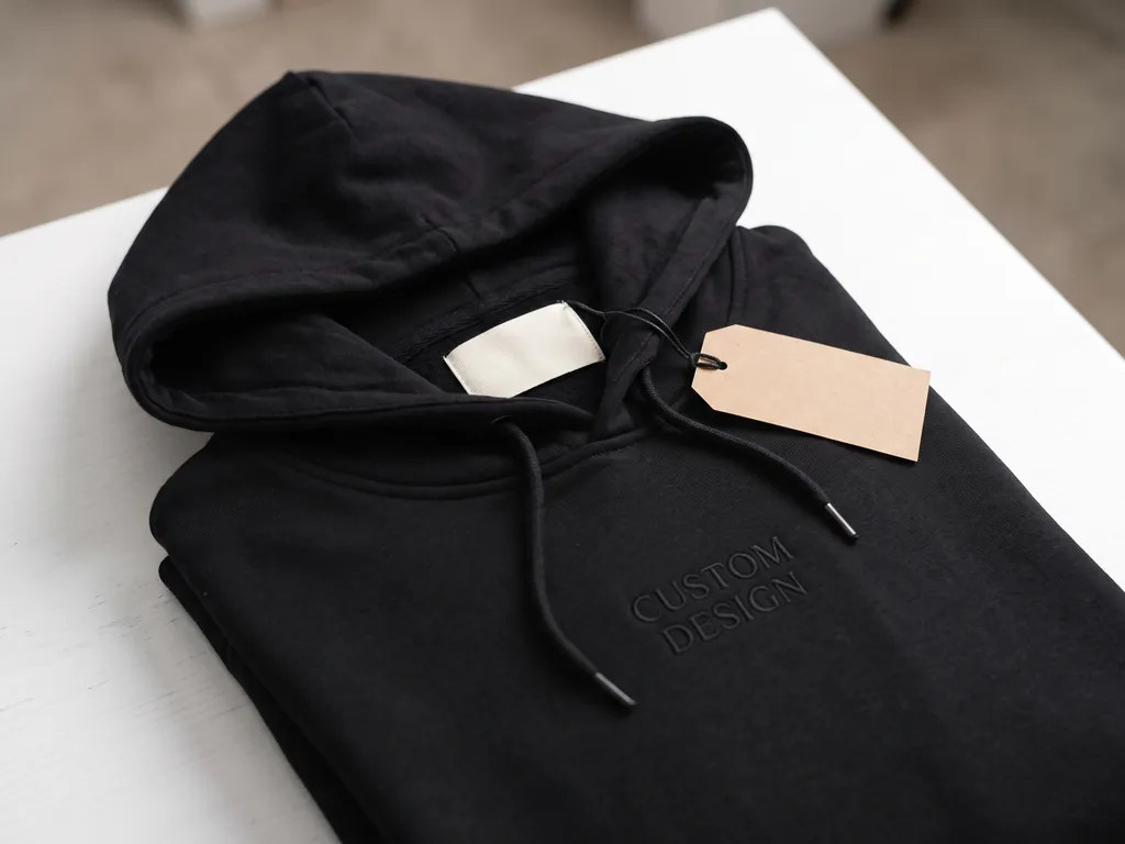 Private label embroidery finishing: blank woven neck label and swing tag on a hoodie embroidered CUSTOM DESIGN
