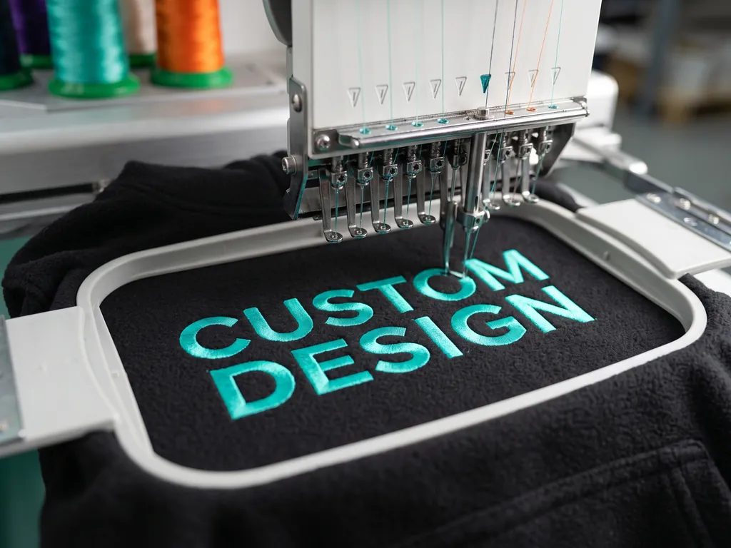 Multi-head embroidery machine stitching teal CUSTOM DESIGN lettering onto hooped black fleece during custom embroidery services