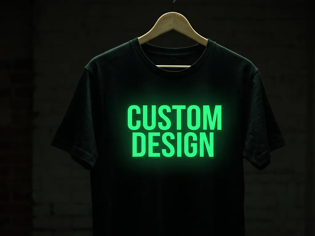 Glow in the dark HTV CUSTOM DESIGN graphic shining green on a black t-shirt on a hanger in a dark room