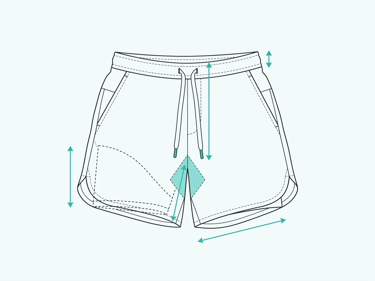 Gym shorts construction diagram showing inseam, rise, gusset, waistband and liner measurement points