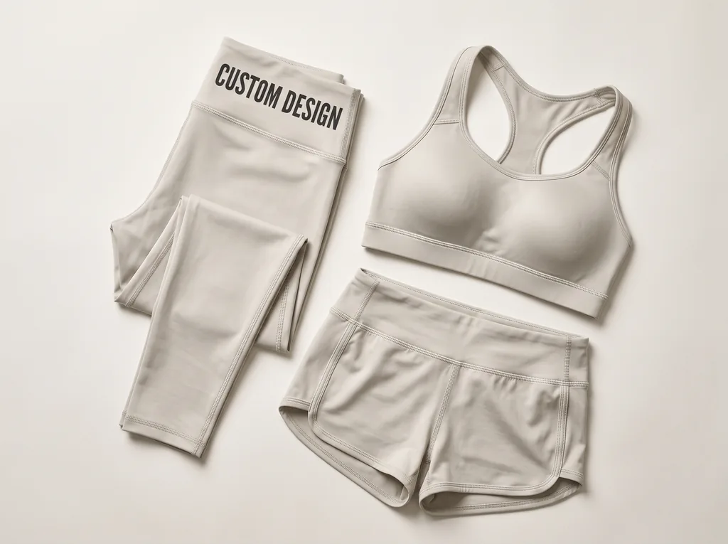 Custom leggings, sports bra and gym shorts set with a CUSTOM DESIGN waistband print