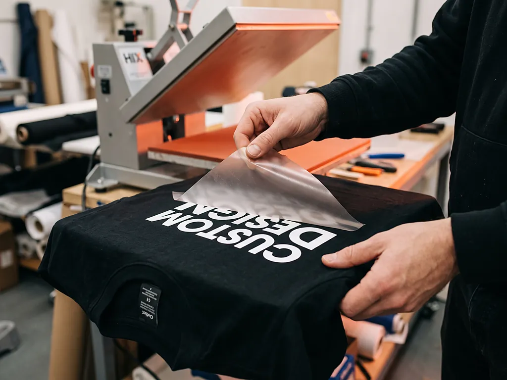 Operator peeling the carrier sheet after heat transfer vinyl printing a CUSTOM DESIGN graphic onto a black t-shirt