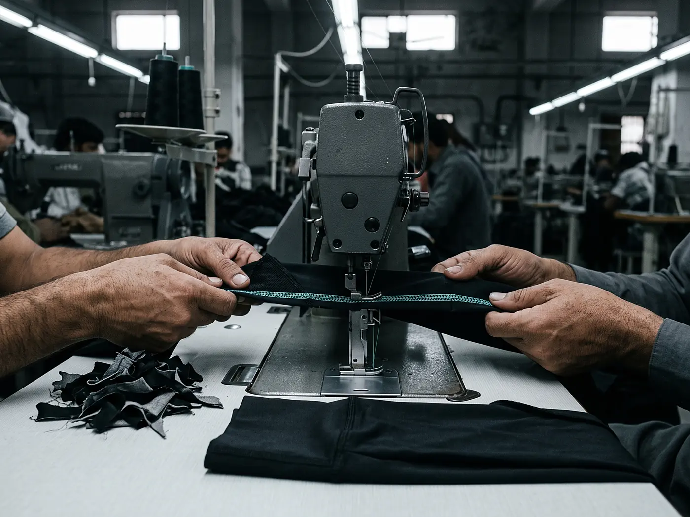 Four-way stretch leggings flatlocked on a machine at a high quality clothing manufacturer