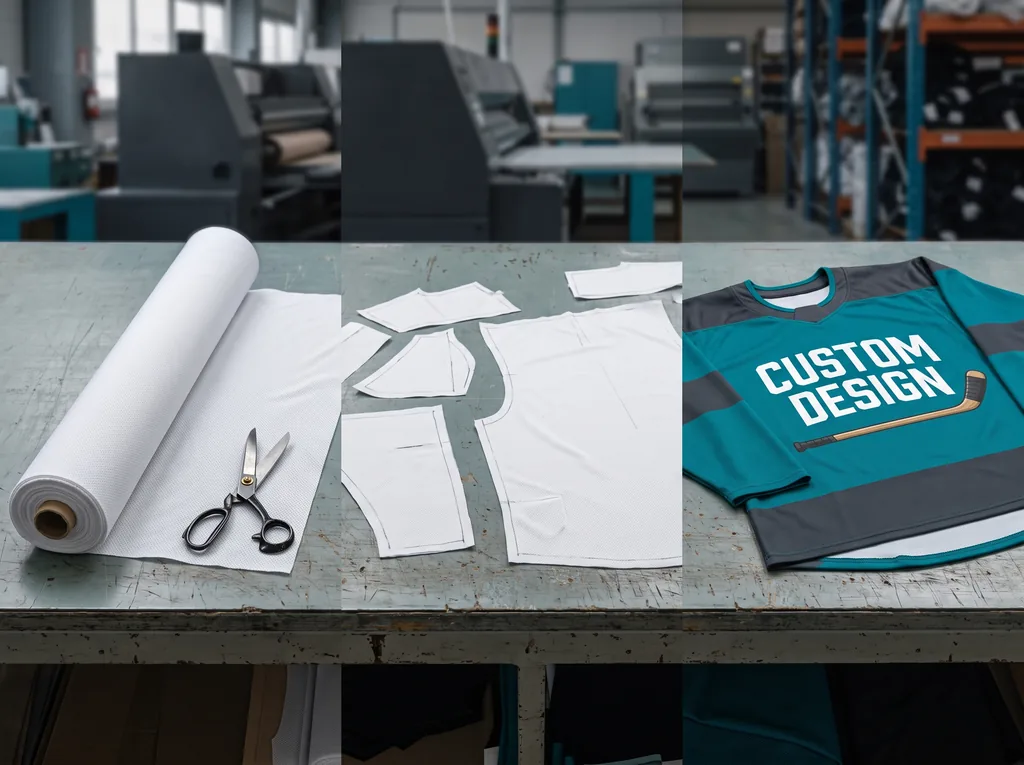 Polyester air knit roll, cut jersey panels and a finished custom hockey jersey from a hockey jersey manufacturer