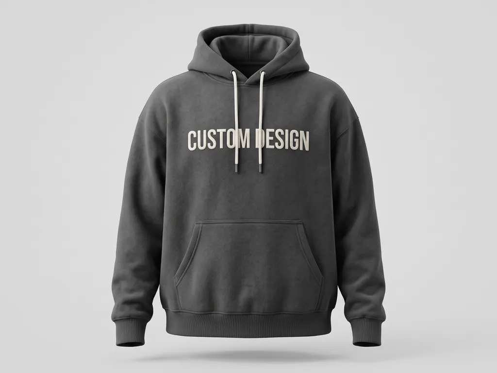 Custom embroidered hoodie in charcoal heavyweight fleece with CUSTOM DESIGN stitched across the chest