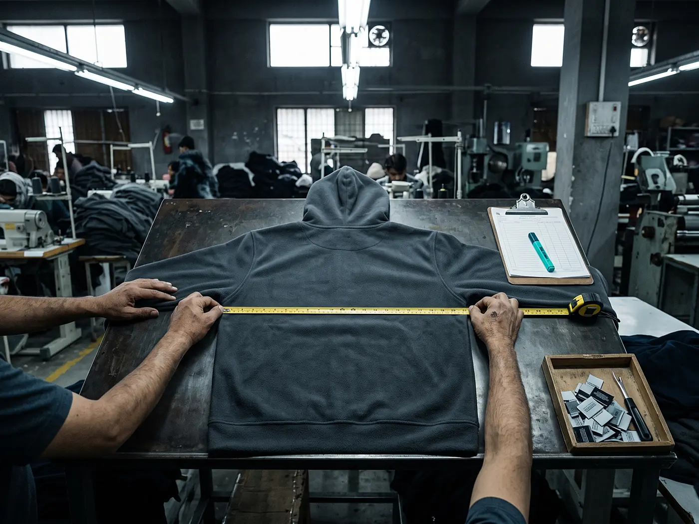 Measuring tape checking a finished garment against the graded chart at a clothing manufacturer in Sialkot