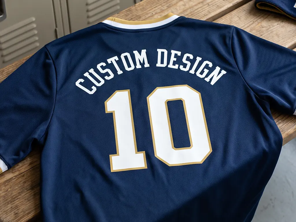 Back of a team jersey with CUSTOM DESIGN name and number 10 pressed in heat transfer vinyl