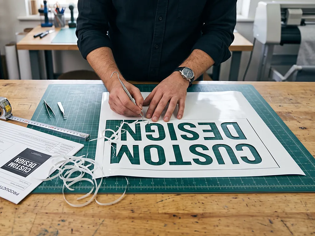 Hands weeding a plotter-cut CUSTOM DESIGN heat transfer vinyl sheet on a production table beside a tech pack