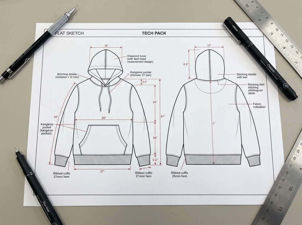 Hands measuring a hoodie laid flat against its measurement chart on a factory cutting table