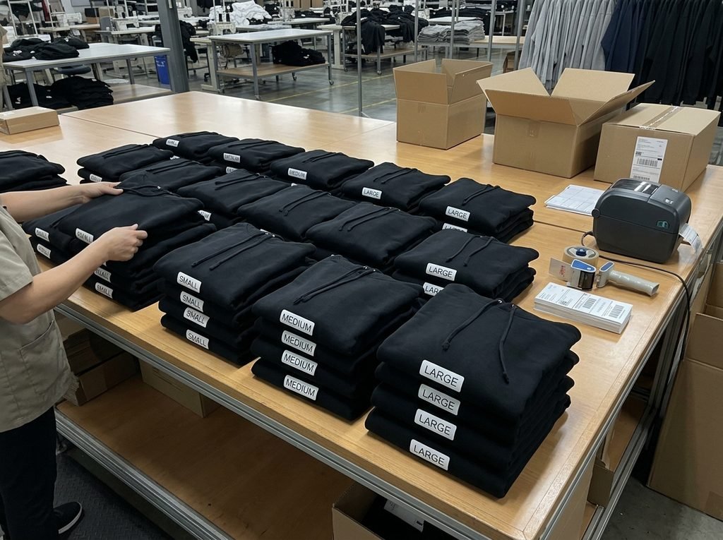 Fabric swatches, a tech pack and a measuring tape beside a folded sample garment on a costing desk at a clothing factory