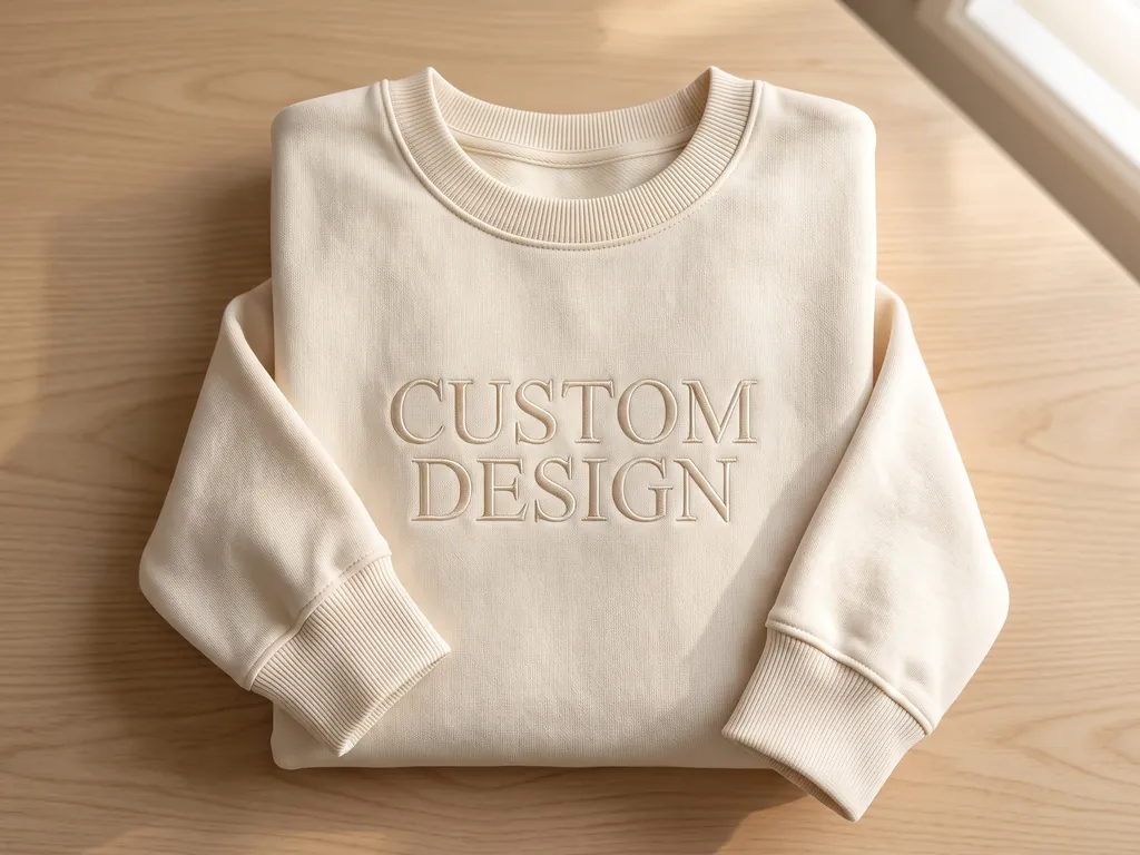 Custom embroidered crewneck sweatshirt in cream French terry with tonal CUSTOM DESIGN embroidery
