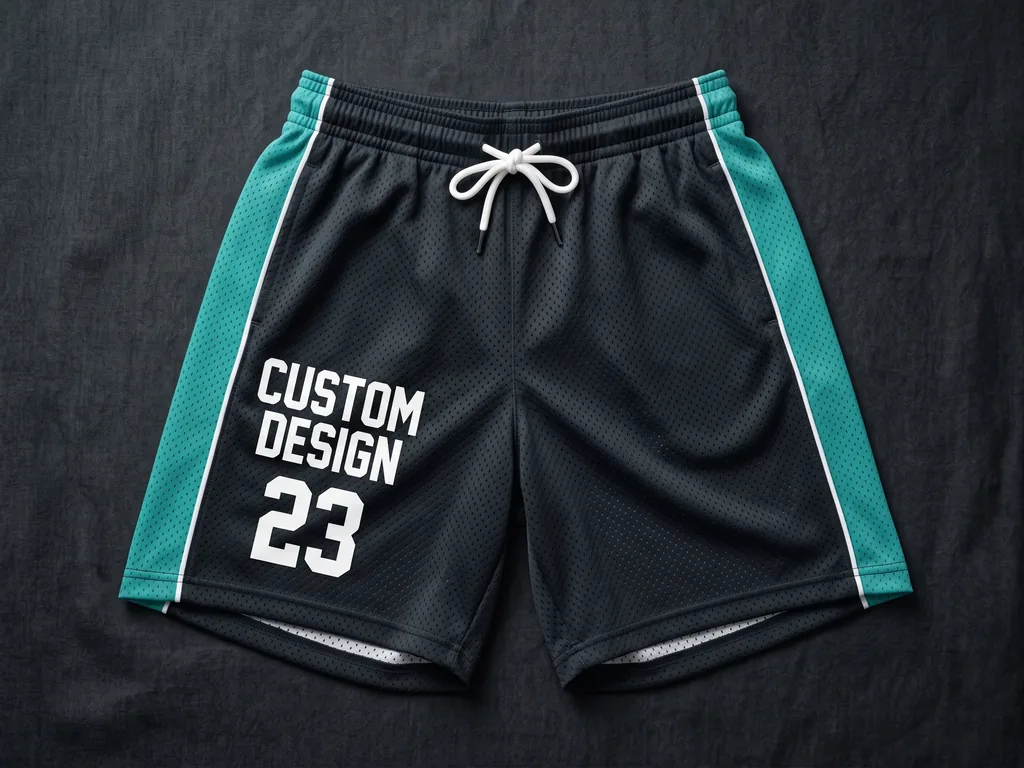 Mesh basketball uniform shorts with teal side panels and a CUSTOM DESIGN hip graphic, folded flat