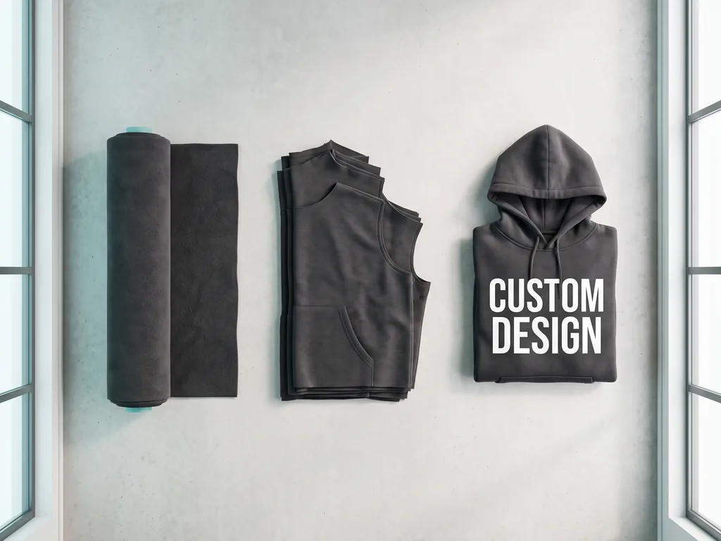 Fabric roll, cut panels and a finished printed hoodie showing the full apparel manufacturing services offered by Jafsu Enterprises