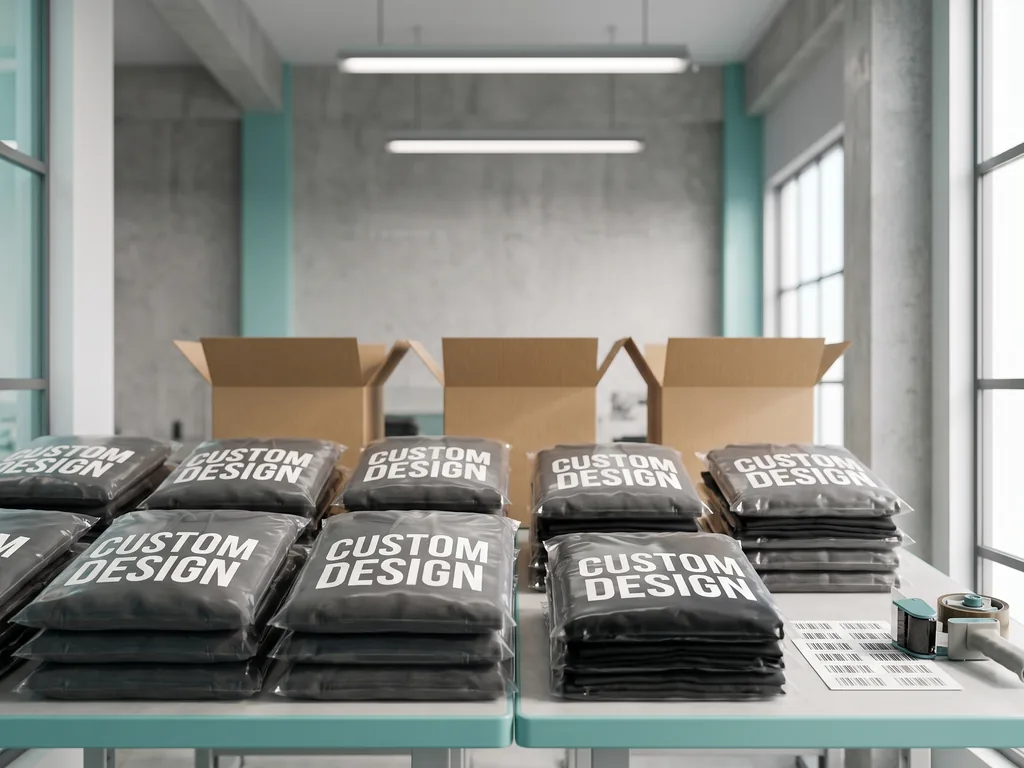 Finished garments with CUSTOM DESIGN prints being inspected and folded into export cartons for bulk clothing manufacturing