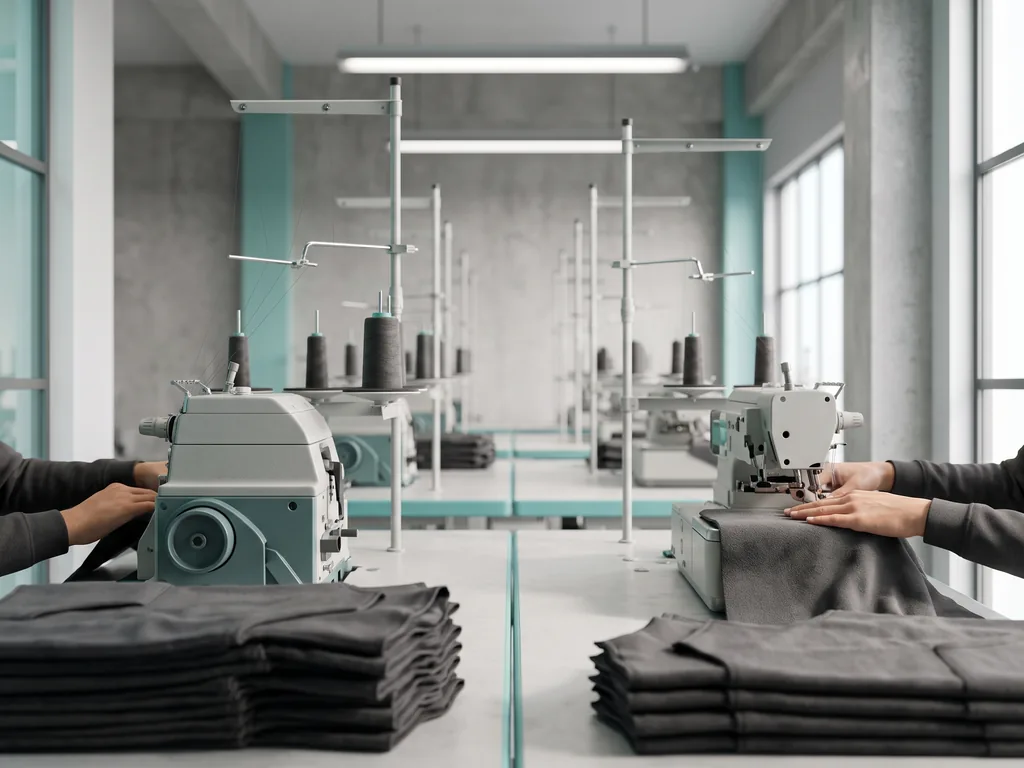 Stitching line assembling cut fleece panels during cut and sew manufacturing services