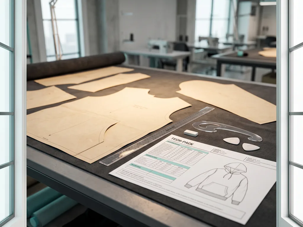 Paper pattern pieces and a printed tech pack on a cutting table during the pattern making service