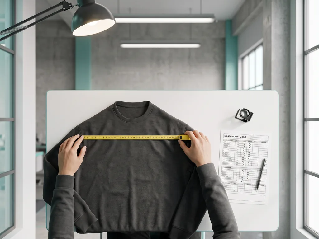 Hands measuring the chest width of a finished garment against a tech pack during the quality control service