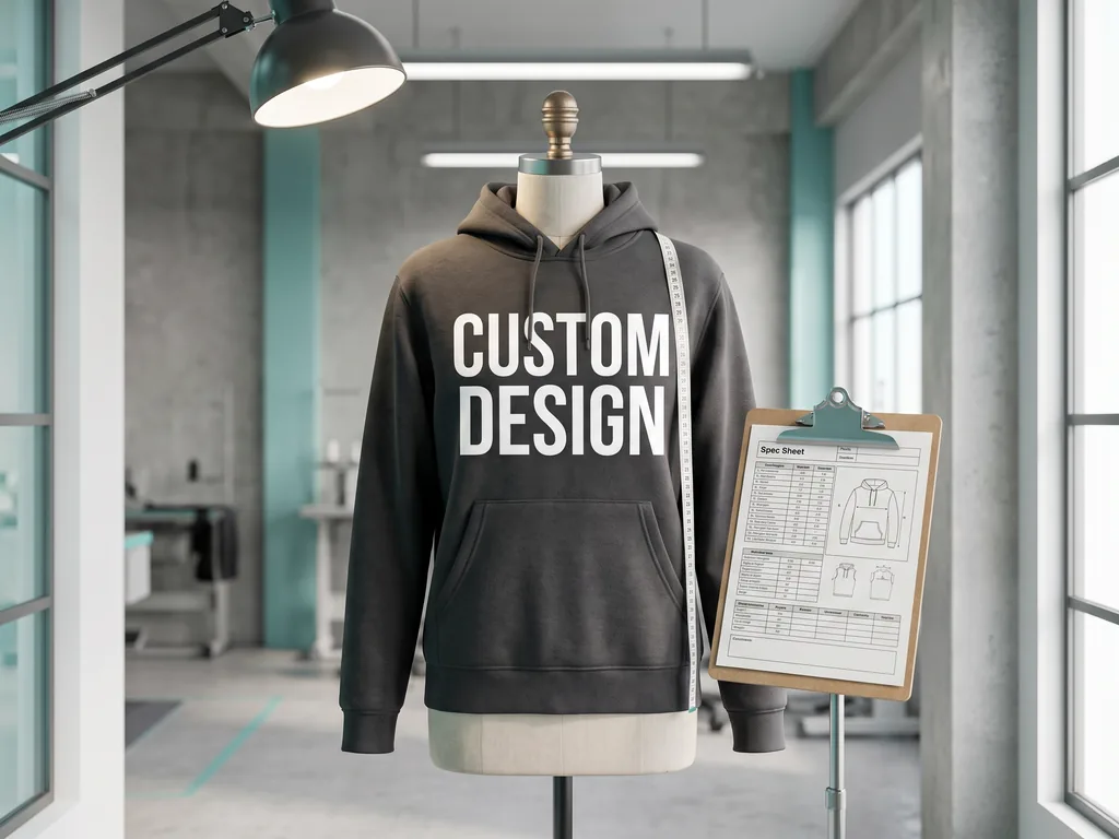 Single sewn sample hoodie with a CUSTOM DESIGN chest print being checked under the sampling service