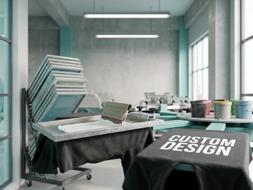 Screen printing a bold CUSTOM DESIGN graphic onto a garment panel in the in-house print department