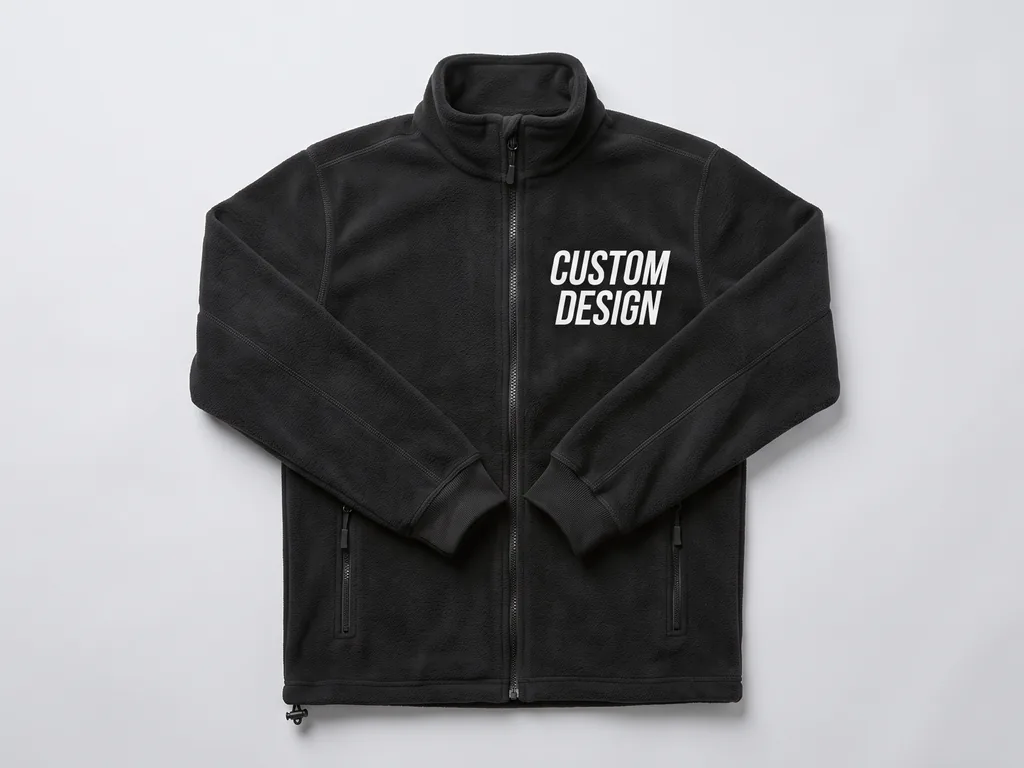 Black full-zip polar fleece jacket with a bold CUSTOM DESIGN chest print, zipped pockets and a drawcord hem