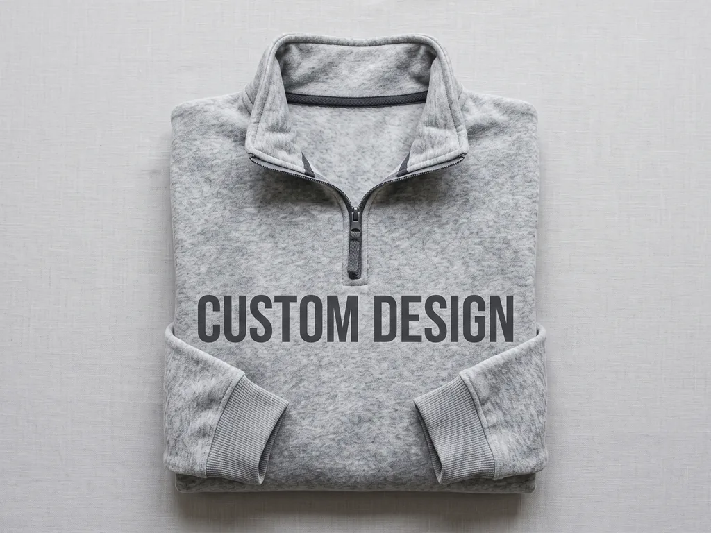 Grey half-zip fleece pullover folded flat with a bold CUSTOM DESIGN chest print and ribbed cuffs