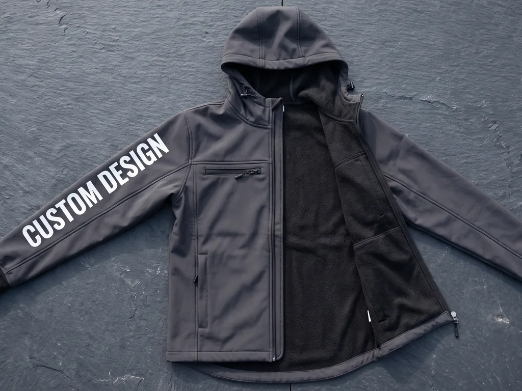 Charcoal hooded bonded softshell jacket opened to show the fleece back, with a bold CUSTOM DESIGN sleeve print