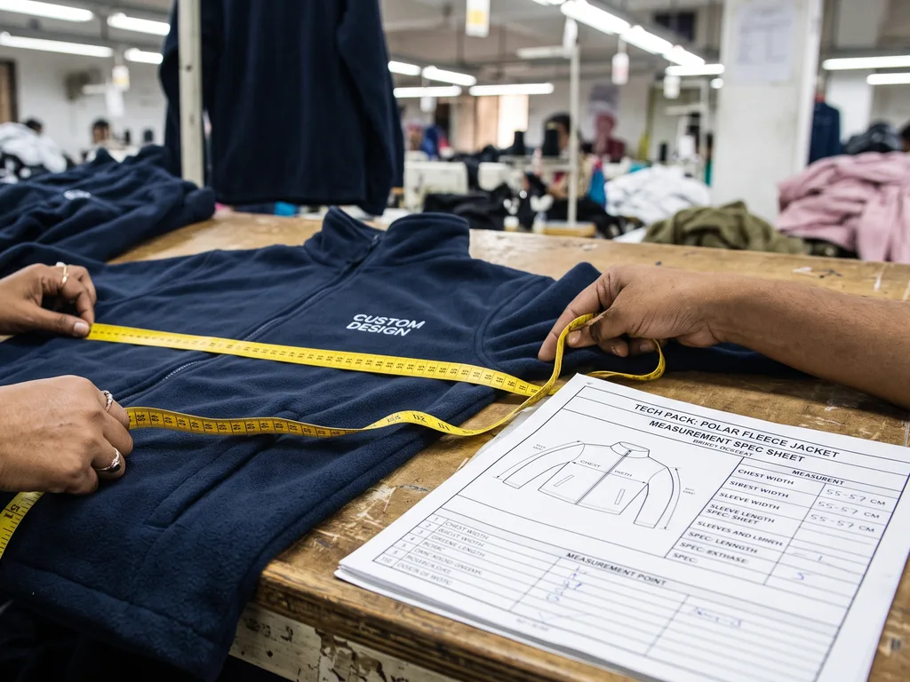 Chest width of a navy polar fleece jacket measured with a tape against the tech pack spec sheet at inspection