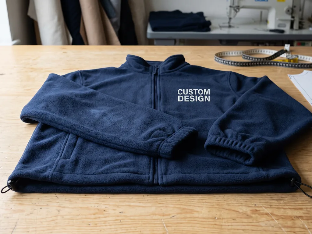 Men's navy fleece jacket with a CUSTOM DESIGN chest logo, folded on a workshop table beside its front-panel pattern