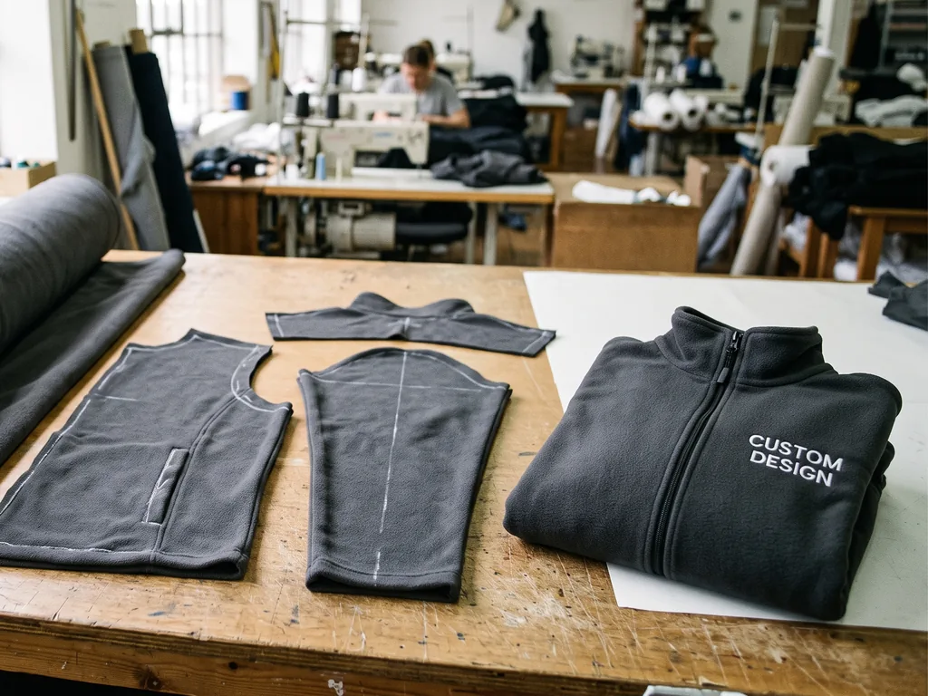 Polar fleece jacket manufacturer's cutting table with a fleece roll, cut panels and the finished full-zip jacket