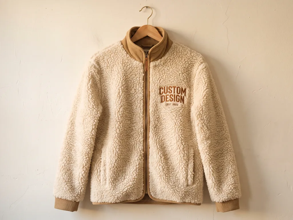 Cream sherpa teddy fleece jacket on a hanger with corduroy trims and a CUSTOM DESIGN embroidered chest logo