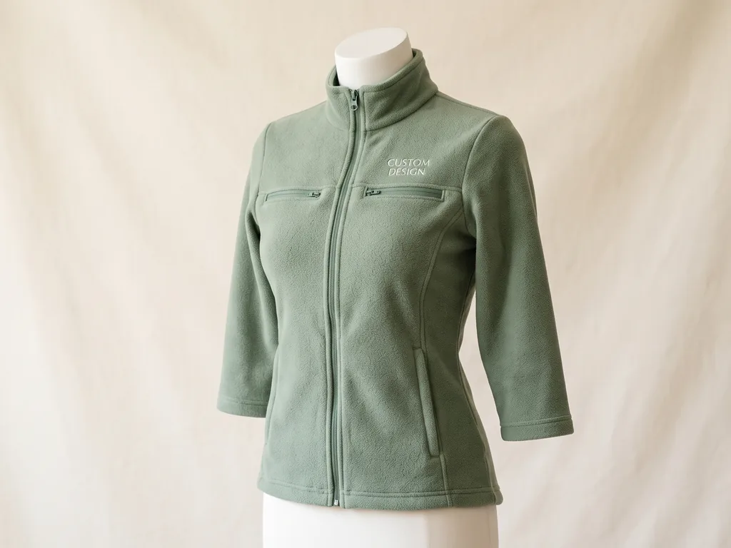 Women's sage green fitted polar fleece jacket with zipped chest pockets and a CUSTOM DESIGN embroidered logo