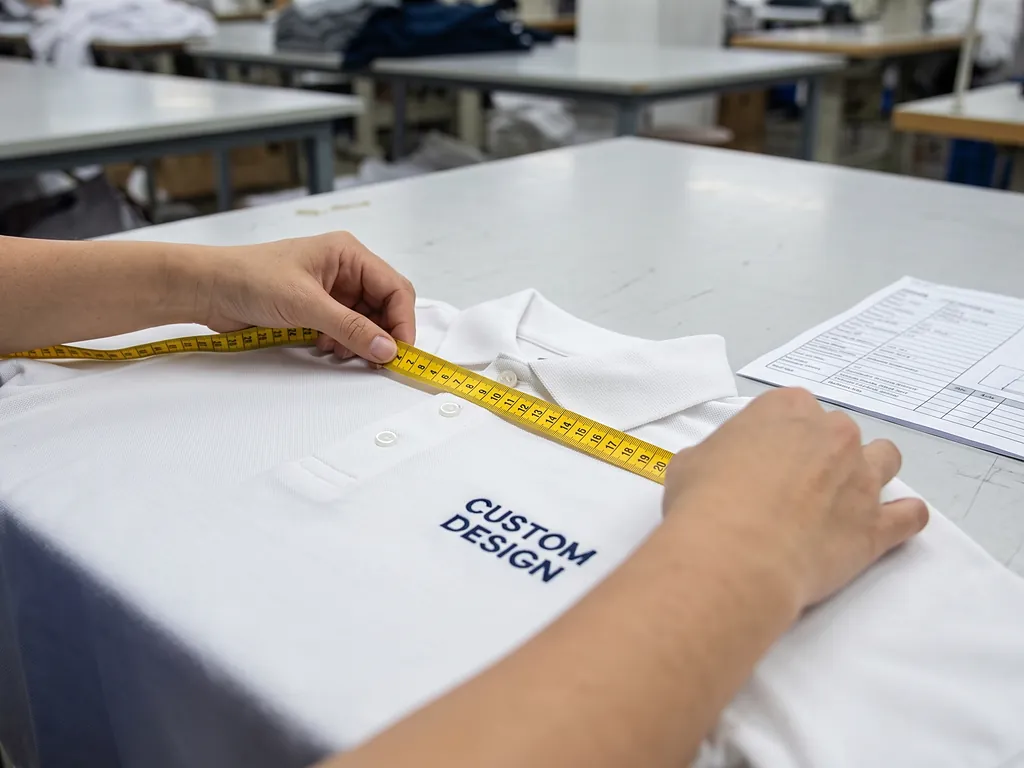 Inspector measuring a white pique polo shirt with a tape measure against its tech pack at a polo shirt manufacturing factory