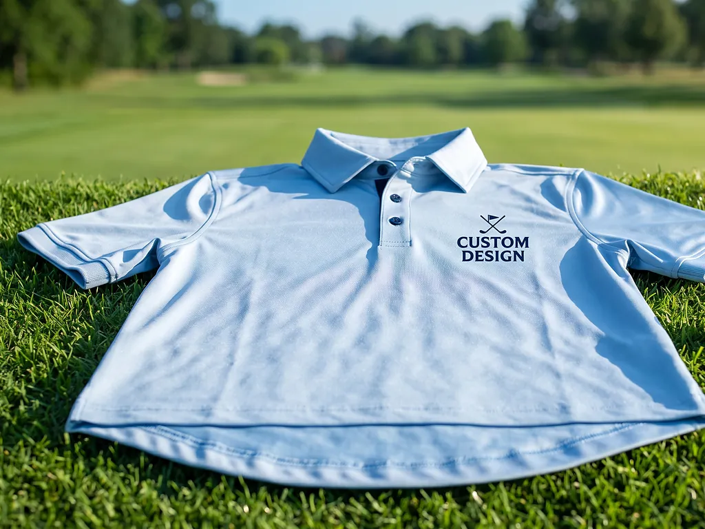 Light blue performance golf polo shirt with drop-tail hem and CUSTOM DESIGN golf logo, laid flat on a fairway