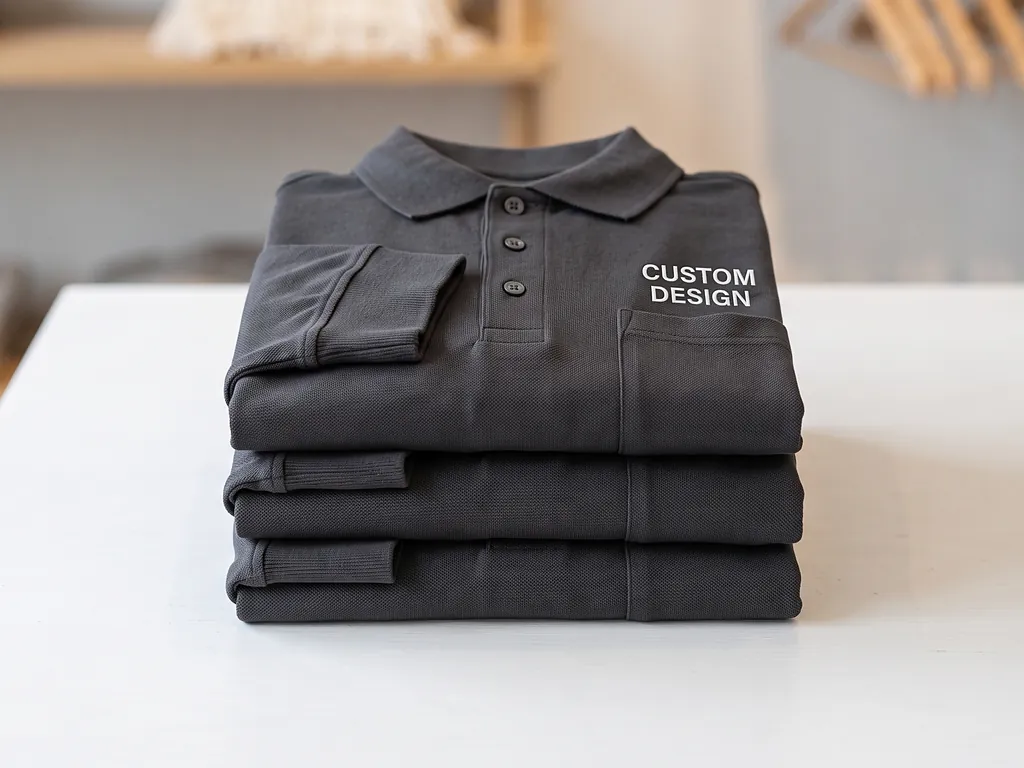 Stack of charcoal long-sleeve uniform polo shirts with ribbed cuffs, chest pocket and white CUSTOM DESIGN embroidery