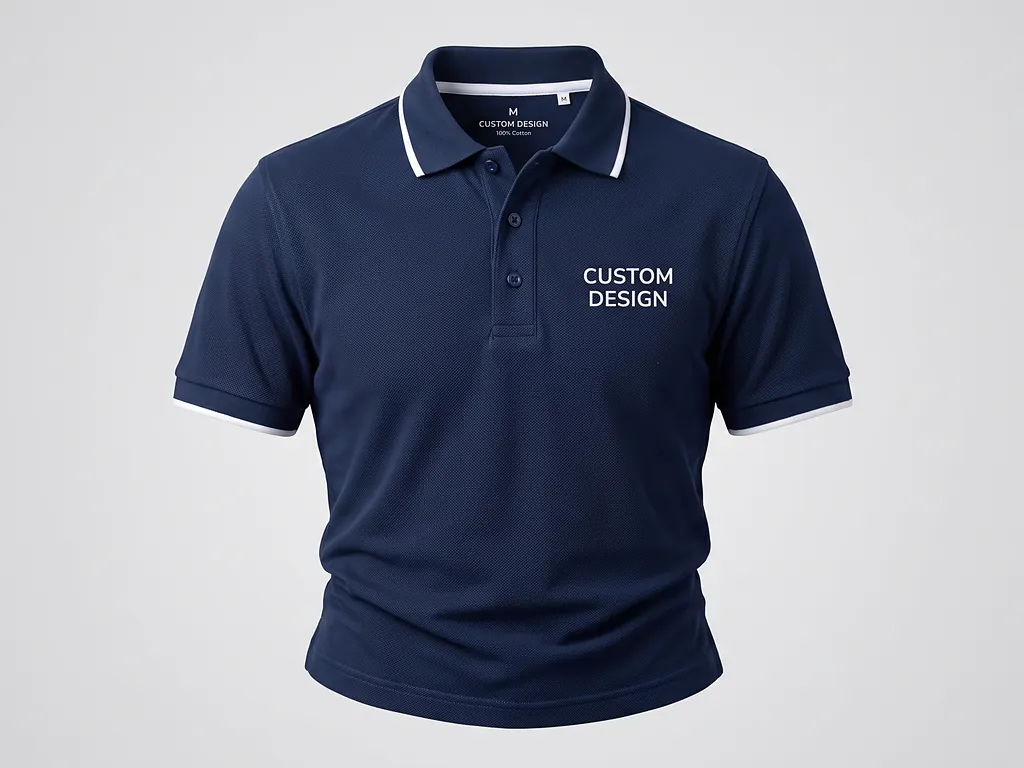 Men's navy pique polo shirt with white-tipped collar and cuffs and CUSTOM DESIGN chest embroidery from a polo shirt manufacturer