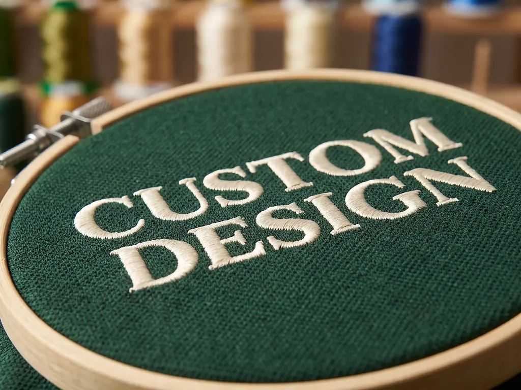 Cream satin-stitch CUSTOM DESIGN monogram embroidery on forest green polo fabric held in an embroidery hoop