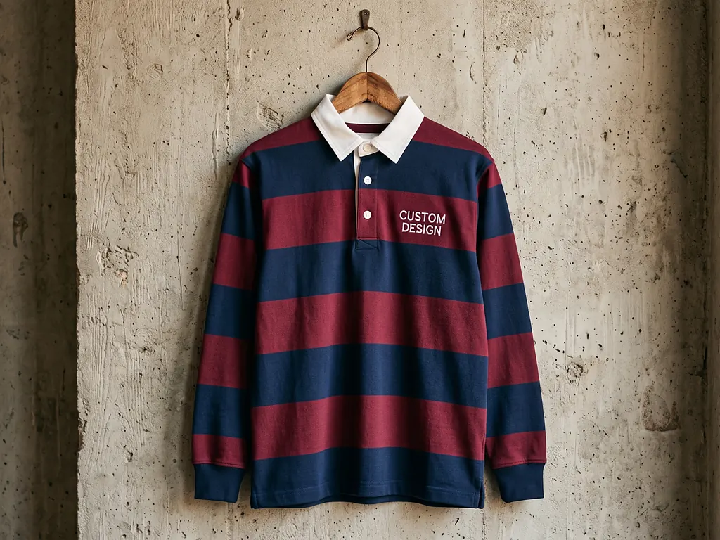 Custom rugby polo shirt in navy and burgundy hoops with a white twill collar and CUSTOM DESIGN chest embroidery