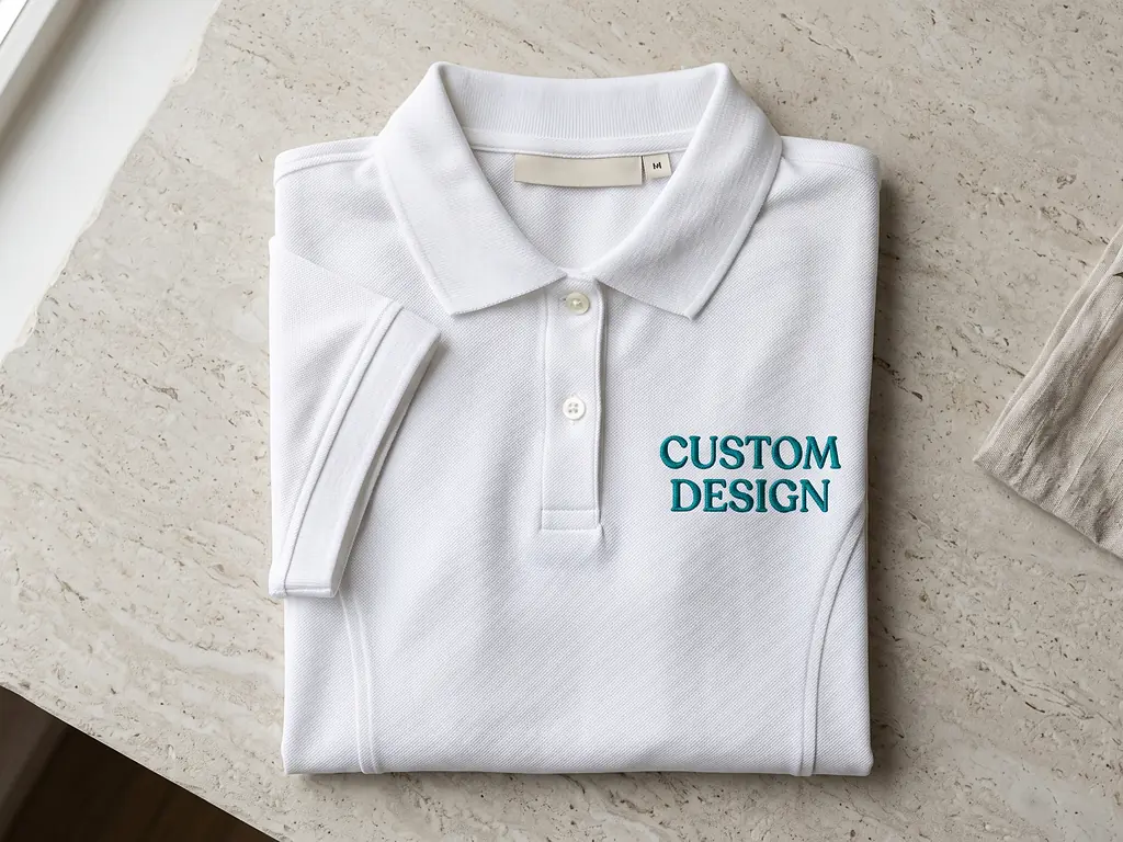 Women's fitted white pique polo shirt with shaped side panels, two-button placket and teal CUSTOM DESIGN embroidery